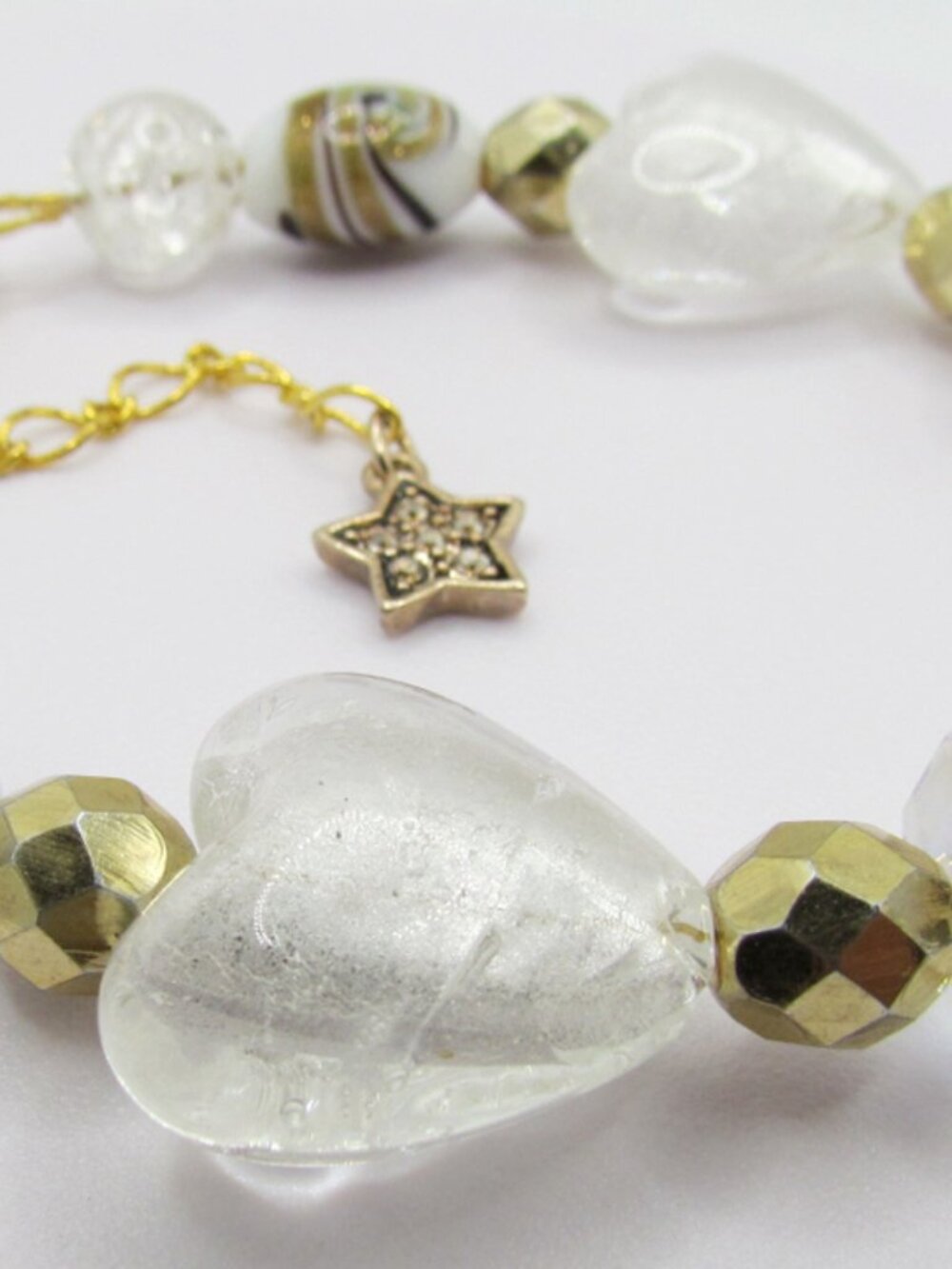 White & Gold Art Glass Heart Beaded Bracelet Adjustable